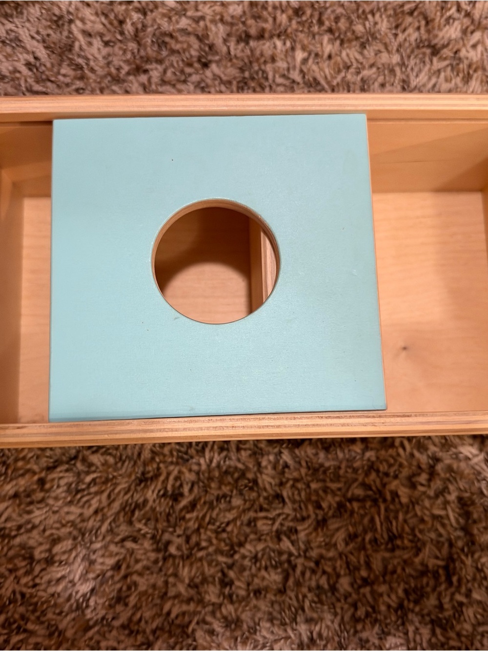 Wooden Toy Storage Bin with Light Blue Insert Panel